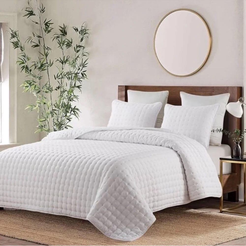 🆕 PB Style Queen Quilt Set Tufted Classic White 3 piece Set